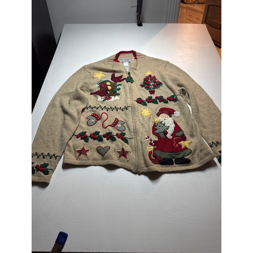 Tiara International Christmas Collection Zip Cardigan Sweater Tan Santa XL